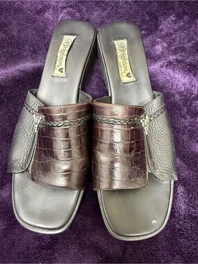 Brighton Dark Brown Croc-Embossed Leather Slide Mules